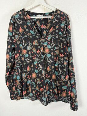 CARVE DESIGNS Dylan Gauze Blouse XL Black Wildflower Boho Floral Henley Top